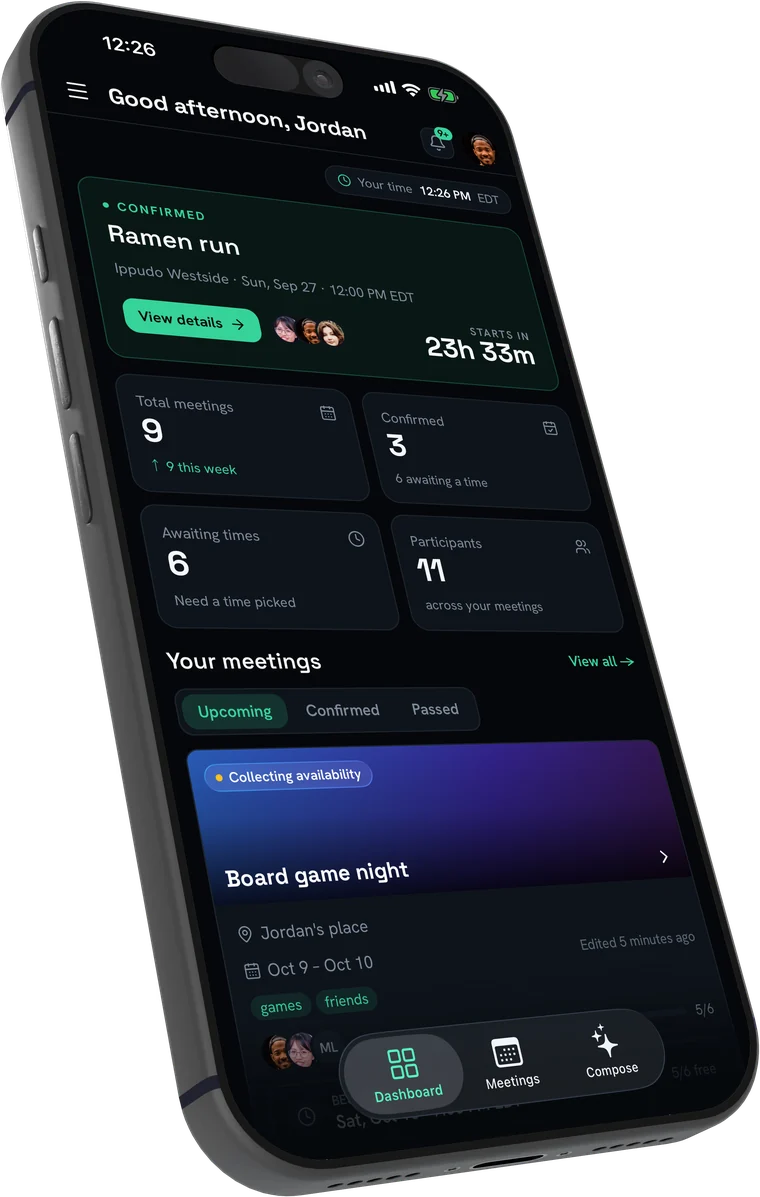 The Converge app's dashboard on an iPhone: a confirmed meeting with a countdown, meeting stats and upcoming meetings
